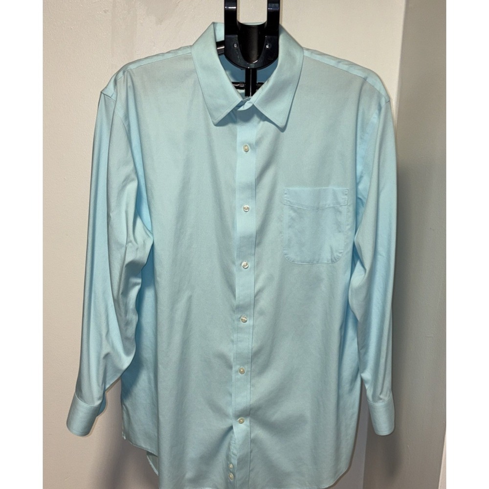 Lands End Men Supima No Iron Oxford Button ‎ Shirt Long Sleeve Sz 17 1/2 33 Blue